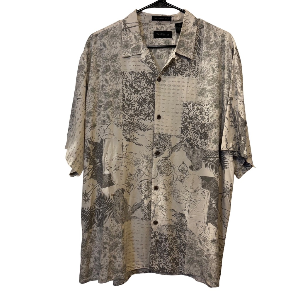 Van Heusen Men's Shirt Large Button Down Short Sleeve 100% Silk Botanical Print